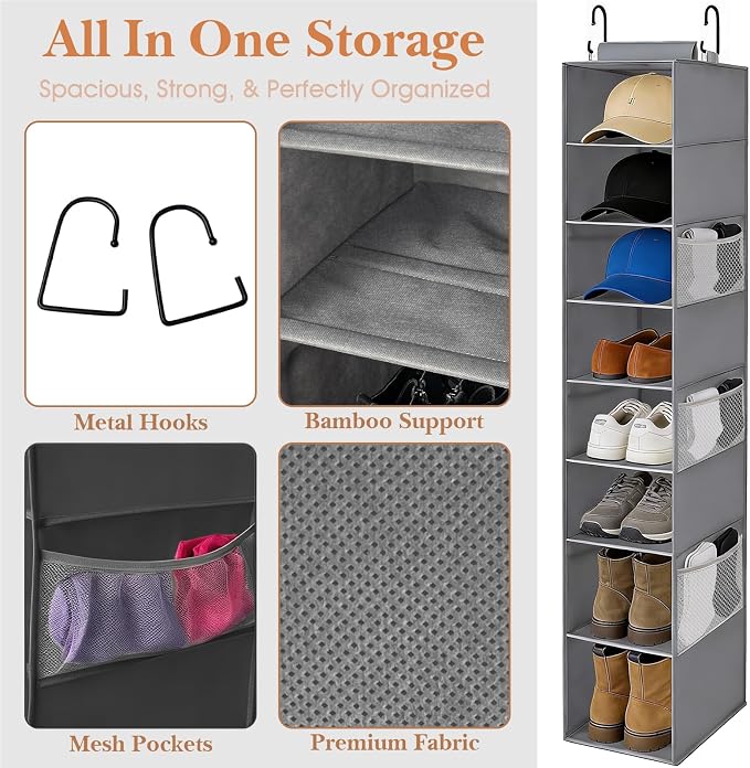Hanging Shoe Organizer for Closet,8-Shelf Hanging Storage with Side Mesh Pockets,Wider Shelves for Baseball Caps,Clothes (9" W × 11.8" D × 54" H) Grey
