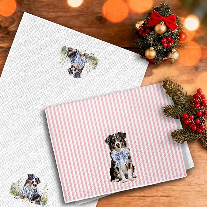 Australian Shepherd Gifts Kitchen Towels, Pink and White Chinoiserie Bow Aussie Dog Dish Tea Towels, Grandmillennial Floral Dog Decorative Hand Towel for Bathroom, 16x24 Inch Set of 2