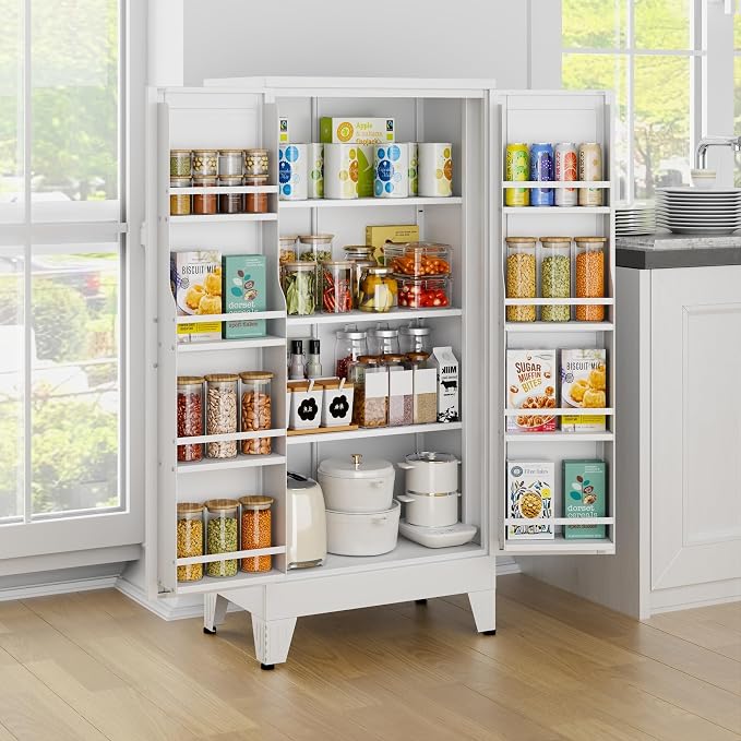 Black Kitchen Pantry Storage Cabinet, 48" Metal Storage Cabinet | Steel Storage with Doors and 3 Adjustable Shelves, Metal Freestanding Buffet Cupboards Sideboard, for Office, Home, School
