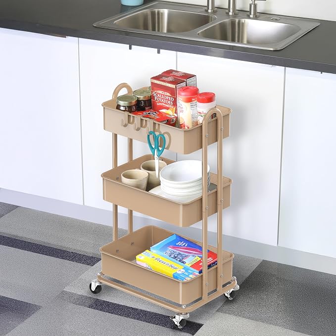 Simple Houseware 3-Tier Heavy Duty Metal Utility Rolling Cart, Khaki