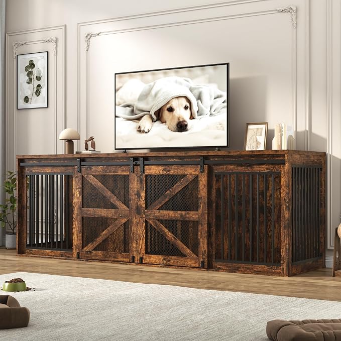 jiteentarou95In Farmhouse Dog Crate TV Stand, Wooden Dog Kennel Furniture with Sliding Metal Mesh Barn Door, Large Dog Crate Furniture for 2 Dogs, Solid Metal Tube & 2 Lockable Doors, Rustic Brown