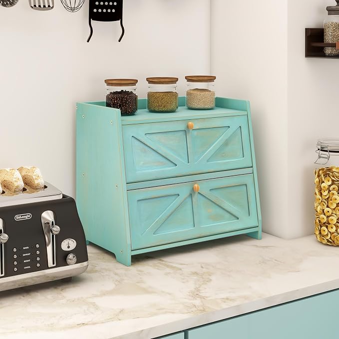 Trironsun Vintage Double Layer Bread Box for Kitchen Counter Bamboo Bread Storage Container Large Capacity Bread Storage Bin (Antique Blue)