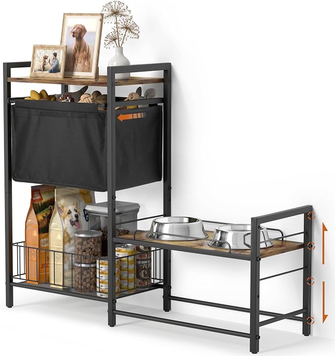 Lomivra Elevated Dog Bowl Stand with Toy Bin Basket, 4 Height Adjustable Raised Feeding Station Cabinet, Lifted Food and Water Bowl Holder, Pet Storage Organizer for Large Medium Small Dogs