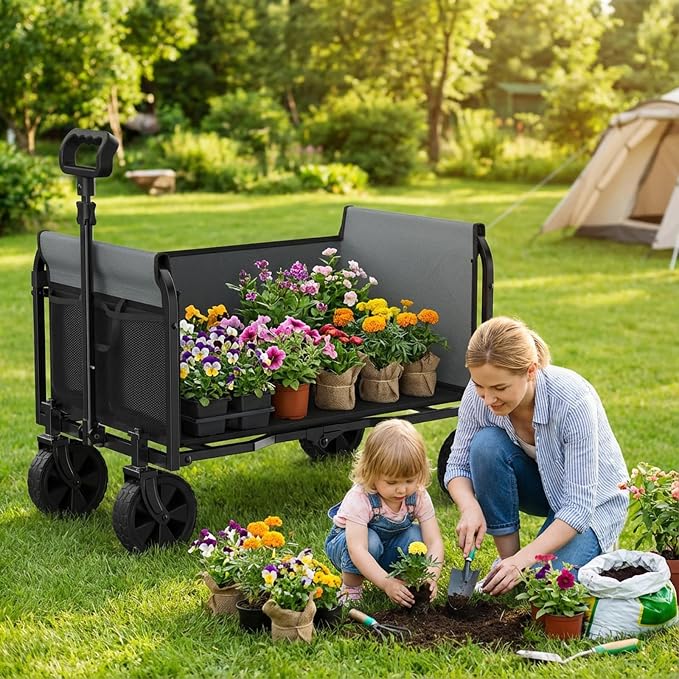 Portable Collapsible Wagon Cart, Foldable Cart with Removable Side, Utility Groceries Wagon for Dogs Pets Camping Beach Shopping Sports Gardeing Fishing, Dark Black
