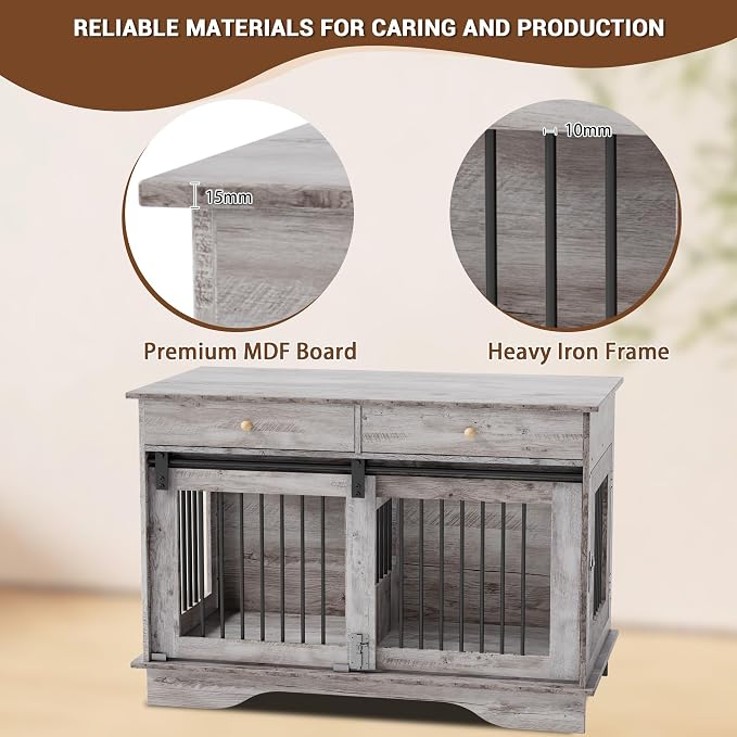 Garvee 47" Large Dog Crate Furniture, Wooden Dog Kennel End Table | with 2 Storage Drawers, Removable Divider & Sliding Door, Heavy Duty Decorative Pet Cage for Small, Medium, Large Breeds