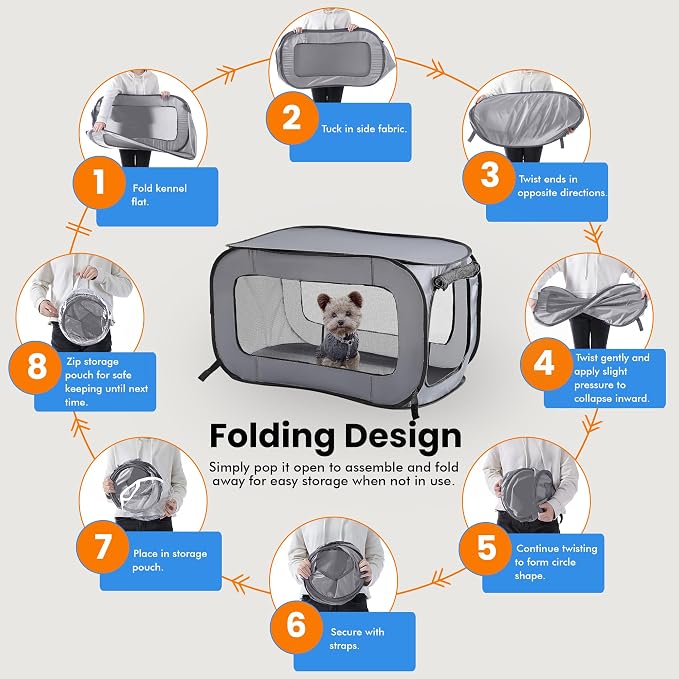 Portable Collapsible Pop Up Kennel, 32.5"L x 19.5"W x 19.5"H, Gray | Collapsible indoor/outdoor travel cat and dog crate with mesh screen windows pops up and folds flat for easy storage