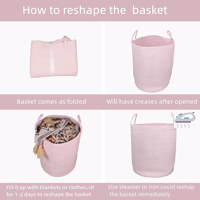 XUANGUO Cotton Rope Laundry Basket Hamper for Clothes Large Light Pink | Woven Storage Basket for Living Room Bedroom Boho Tall Rope Baskets for Blanket Toys Pillow Towels Baby Nursery Hamper Bin