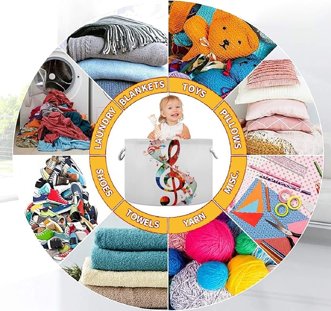 visesunny Storage Basket Colorful Music Notes Nursery Hamper Canvas Fabric Toy Storage Organizer Bin Storage Box Laundry Basket for Kid Rooms,Playroom,Shelves,Toy Basket
