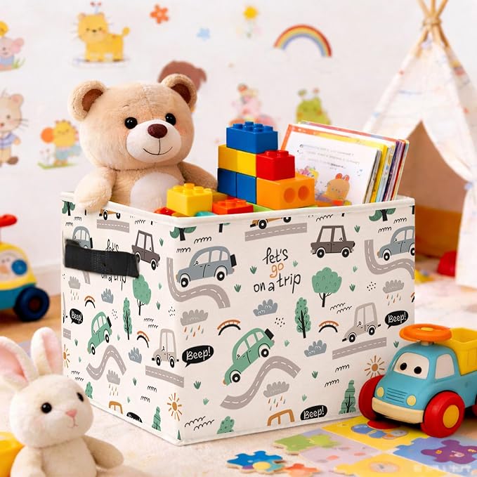Road Trip Car Foldable Fabric Storage Bin | Let’s Go on a Trip road pattern design; foldable fabric storage bin for kids room, nursery, toys, books, clothes.