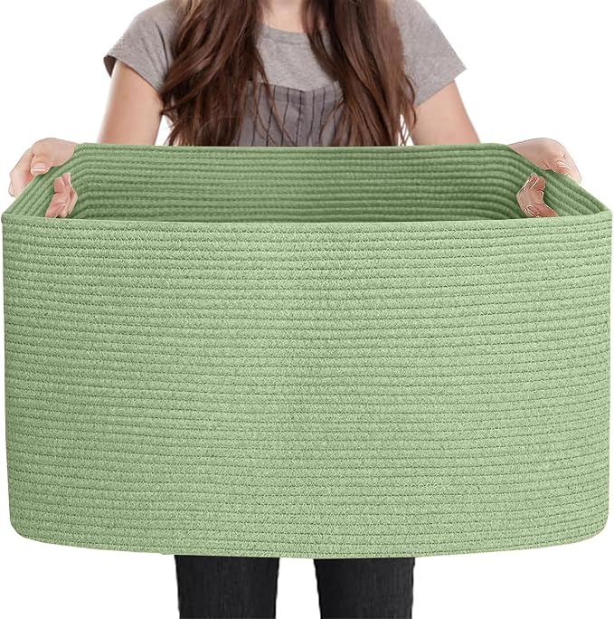 Large Green Baskets for Organizing, 23.6" x 17" x 12" Rectangle Blanket Holder Organizer, Kids Toy Storage Bins, Woven Rope Storage Basket, Green Home Decor Basket, Baby Nursery Storage