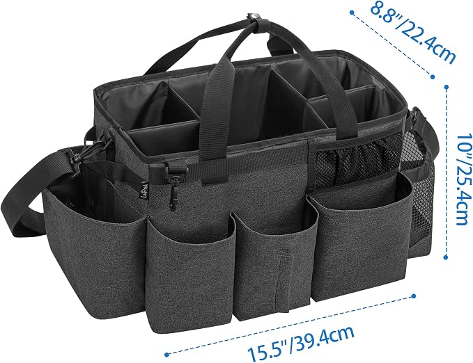 LoDrid Wearable Cleaning Caddy Bag with 4 Foldable Dividers, Black | Cleaning Supply Organizer with Shoulder Strap and Side Handles for Cleaners & Housekeepers