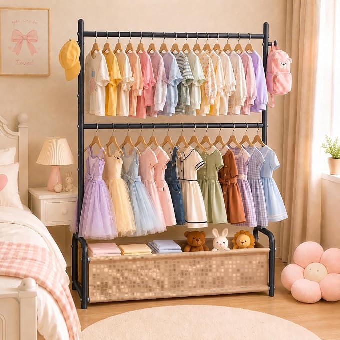 Kids Clothes Rack with Double Rod Height Adjustable Clothing Rack Black | Storage Basket & Hooks, Height Adjustable Kids Clothes Rack, Portable Baby Dress Up Garment Rack for Princess Dresses