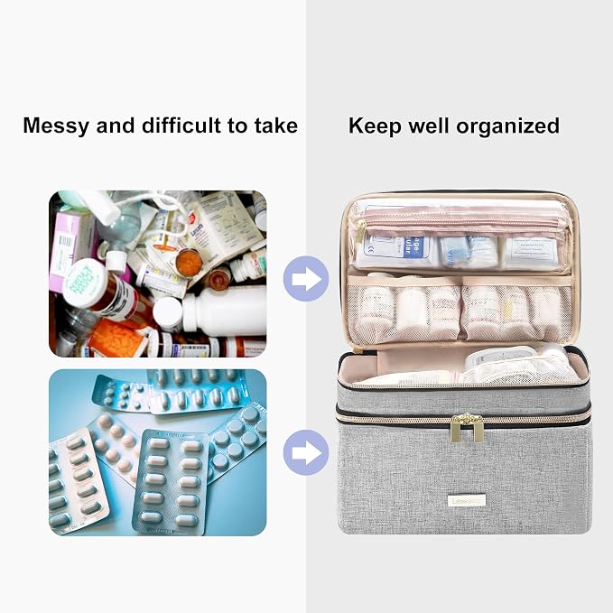 Lexeeco Medicine Storage Bag Pill Bottle Organizer with Portable Small Pouch Travel Medication Bottle Organizer for Emergency Home First Aid Box Kit (Gray) | Medication Case with Lockable Zipper for Pill,Vitamin,Medicine Storage Box for College Dorm St...