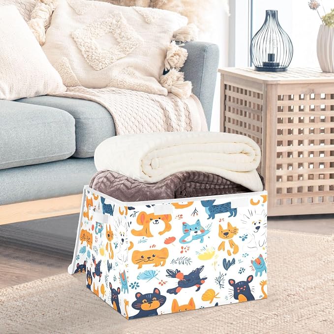 Pets Cats and Dogs Storage Box with Lid and Handles Large Collapsible Fabric Storage Basket Shelf Closet Organizer Bin Holiday Gift Box for Home Bedroom Office