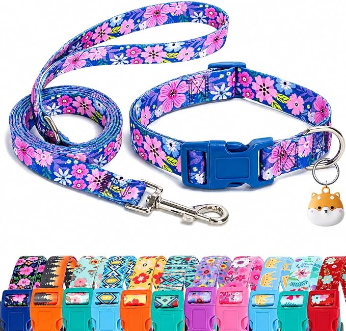 Floral Matching Dog Collar and Leash Set with AirTag Holder-Dark Flower/L | Anti-Lost,Adjustable Durable Pet Collar Leash Combo for Large Boy Girl Dogs,for Outdoor Walking Hiking Training Running