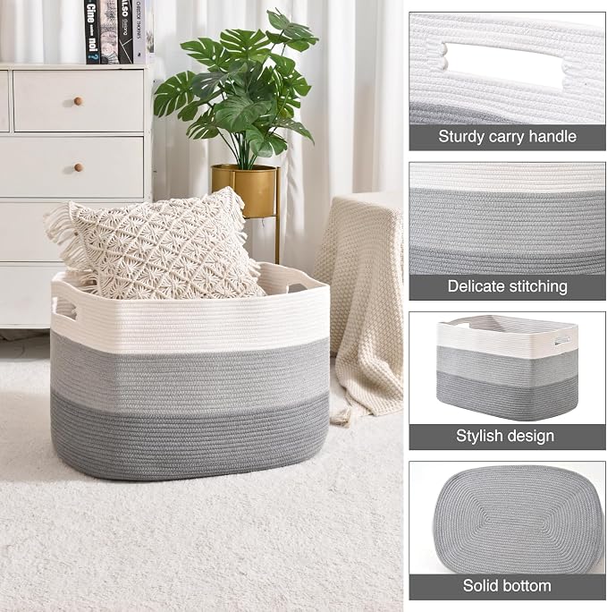 ICERZCZ Extra Large Blanket Basket Living Room, Rectangle Storage Basket, Large Woven Baskets for Storage, Cotton Rope Basket for Toys, Clothes, Gradient Grey - 25”x16”x16” (105L)