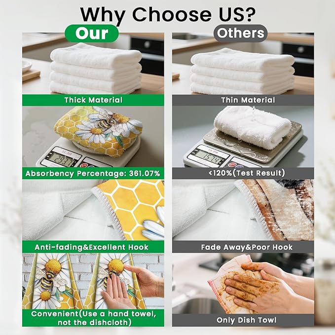 CUTHOLLOW Bee and Daisy Hanging Kitchen Towels with Loop, Set of 2 - Soft & Super Absorbent Microfiber Decorative Hanging Dish & Hand Towel, Tea, Coffee Towel for Kitchen Bathroom Oven Handle