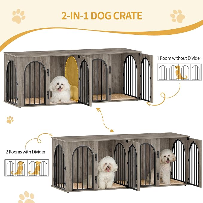 Hzuaneri 63" Double Dog Crate Furniture, Dog Kennel Indoor with Cushion | Heavy Duty Dog Crate Furniture for 2 Dogs,Dog Cage End Table TV Stand with Divider for Med-Large Dogs,Greige Black DFC80905B