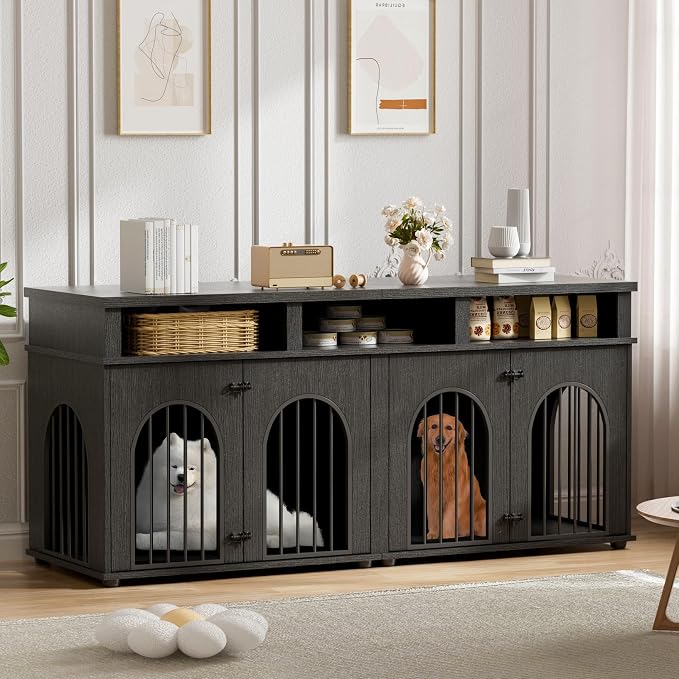 Garvee Double Dog Crate Furniture 71 in Dog Kennel Furniture for 2 Medium Dogs, Heavy Duty Dogs Cage XL Dogs House Indoor with 3 Storage Shelves, Large Puppy Crates with 8 Adjustable Feet