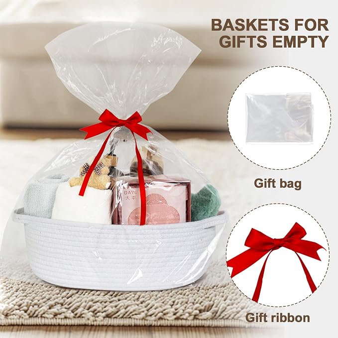 Small Baskets for Gifts Empty, 13"x 9"x 5" Woven Gift Basket with Bag and Ribbon, Cotton Rope Kids Dog Cat Toy Bin Box, Cute Baby Nursery Organizer, Decorative Storage with Handles (White)