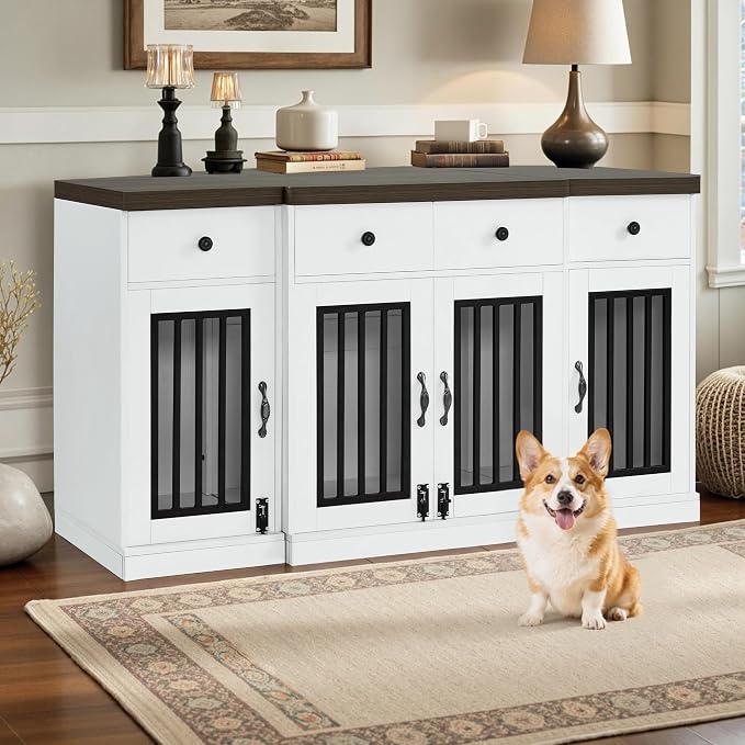 MCombo 55.5" Wooden Dog Crate Furniture with 4 Drawers 1872 White and Brown | 4 Lockable Doors, Indoor as TV Stand, For Medium/Large Dogs, Elegant Handles Design