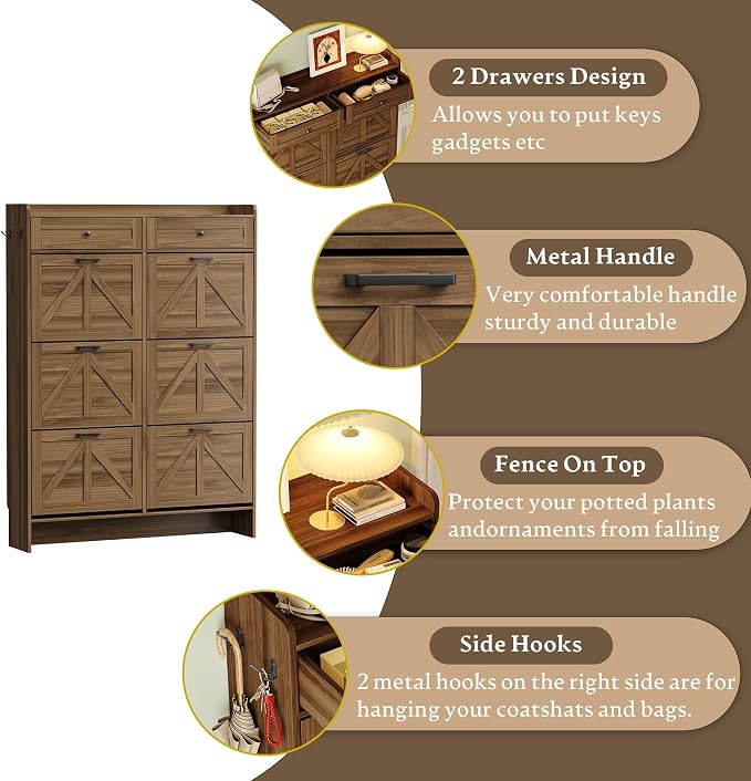 BORNOON Shoe Cabinet for Entryway, Farmhouse Shoe Storage Cabinet with 6 Flip Drawers and 2 Top Drawers, Tall Narrow Shoe Organizer Cabinet with Adjustable Shelves, Side Hooks and Anti-Tip Kit