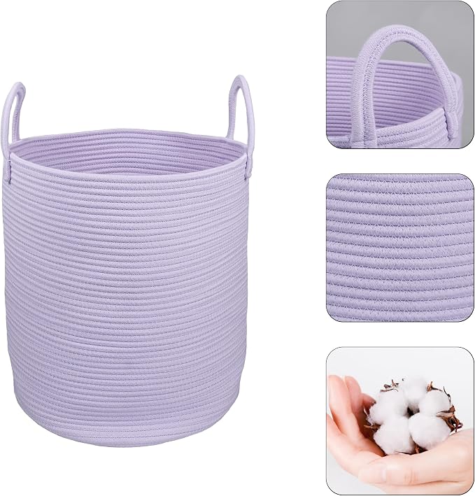 XUANGUO Rope Laundry Basket Hamper for Clothes Large Purple or Lavender | Baby Nursery Hamper Bin and Woven Storage Basket for Living Room Bedroom Boho Tall Rope Baskets Blankets Toys Pillows Towels