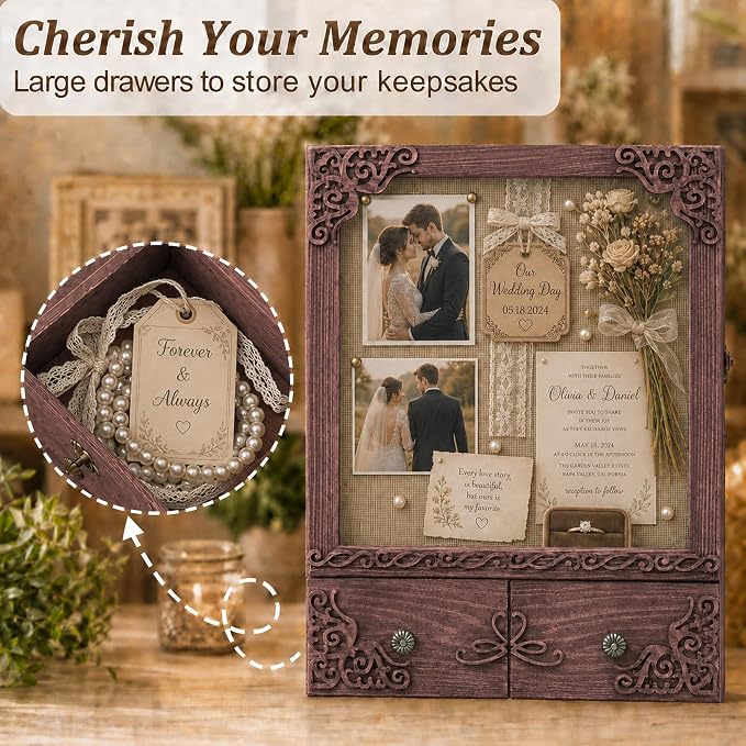 11x16 Wedding Memorial Shadow Box Frame with Shelves, Brown