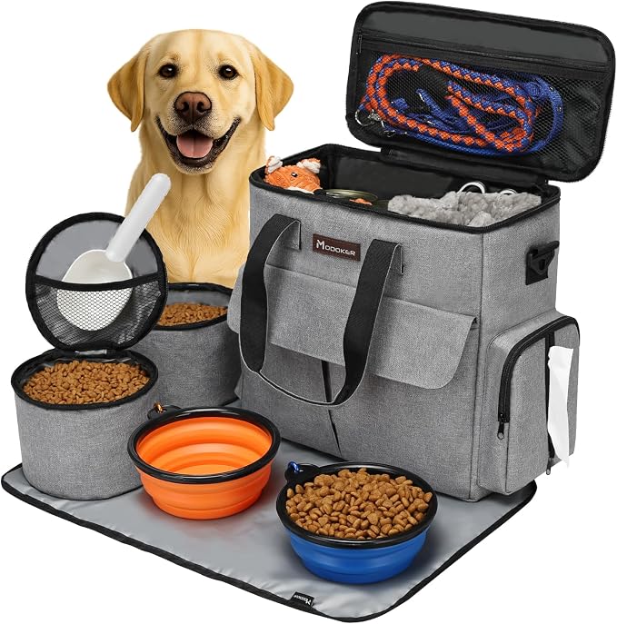 Modoker Weekend Dog Travel Bag Set with 2 Food Bags, 2 Bowls and Mat, Grey | Dog Travel Accessories Organizer for Camping and Road Trips with Roomy Storage, Multiple Pockets and Water-Resistant Oxford