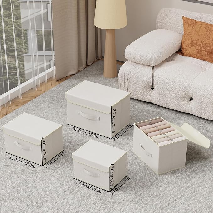 Cloth Storage Baskets with Handles,Beige 15x9.8x9.8in,1 Pack | Storage Boxes with Flip-Top Lids,Washable PP Panel Cube Drawer Organizers,Collapsible Underwear Divider Bins for Home