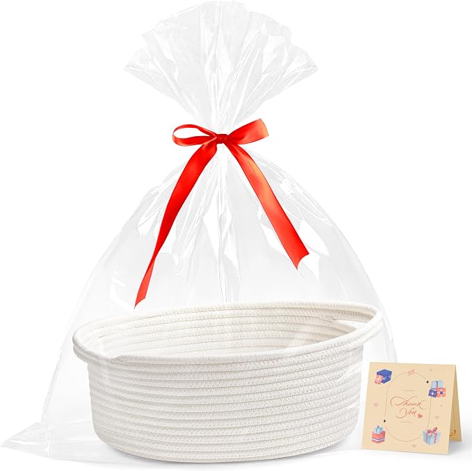 Bufims Small Woven Basket Gift For Empty With Ribbons and Bags, Durable Cute Gifts 12"X 8" X 5"Small Rope Basket for Gifting,White
