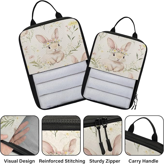 Easter Bunny 6 Set Compression Packing Cubes | Spring Floral Travel Accessories Expandable Packing Organizers Space Saver Bags for Organizing Clothes