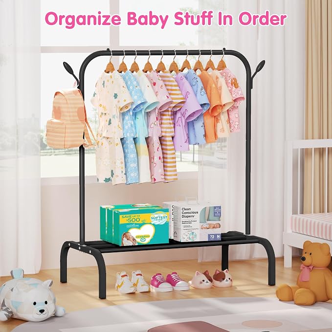 Kids Clothes Rack for Ages 3-6, Montessori Kids Clothing Rack, Black | Kids Dress up Rack with Bottom Shelf & Side Hooks, Toddler Wardrobe Rack for Bedroom, Playroom, Nursery & Small Room Storage
