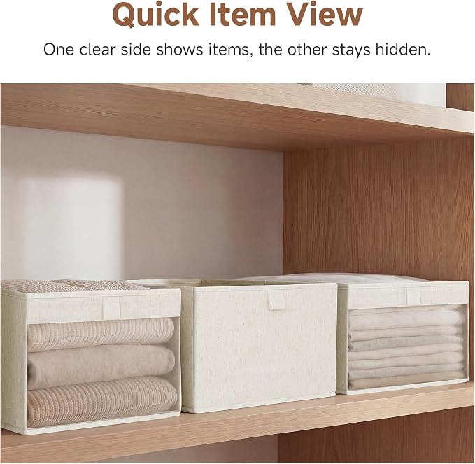 StorageWorks Linen Closet Organizer Storage Bins, Oatmeal Color, 3-Pack | Cotton Linen Fabric, See-Through Mesh Front, Soft Leather Handles, Flip to Show/Hide, Holds Clothes, Towels, Blankets, Toys