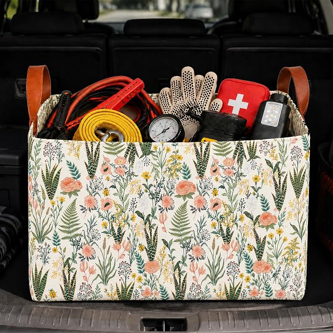 Flower Car Trunk Organizer 20L Collapsible Auto Storage Basket with Handles | Waterproof Reusable Shopping Grocery Bags for SUV Truck, Flower Cars Boot Organizer Gifts for Women Men Drivers