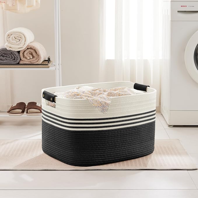 86L Large Woven Laundry Basket Hamper with Leather Handles,Black | collapsible wicker hamper, storage for dirty clothes, toys, blankets, gifts, living room, bedroom, bathroom, 24"x16"x14"