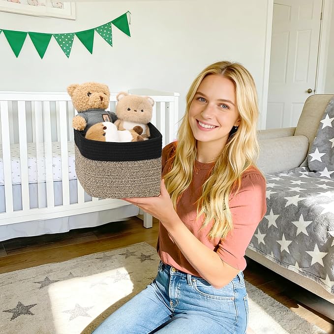 3 Pack Cube Storage Bin, 9”x9”x7” Cotton Rope Woven Baskets for Organizing Toys Clothes Towels, Square Gift Storage Baskets for Shelves, Nursery, Closet, Bathroom, Pantry (Black & Brown)