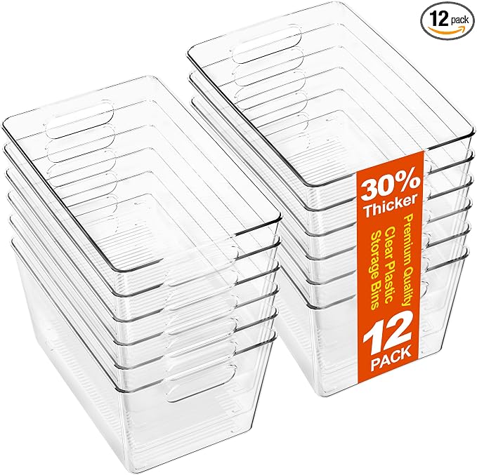 12 Pack Large Clear Plastic Storage Bins, Kitchen&Pantry Organizer | Heavy-duty 450g BPA-free PETG containers with handles for fridge, under-sink, bathroom, office, closet, and garage storage