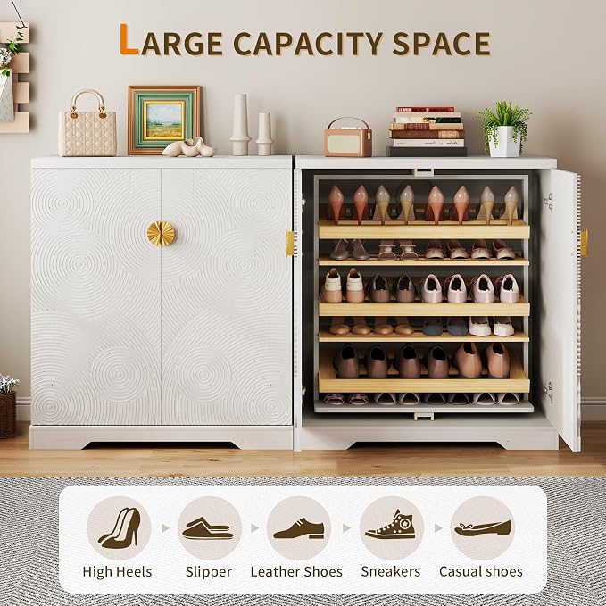Vlsrka Shoe Storage Cabinet with Doors and 6 Tier Rotating Shelves, White | Suitable for 18 Pairs Shoe Organizer, Freestanding, Pull Out Shoe Rack, Wooden Entryway Cabinet for Hallway, Closet, Indoor