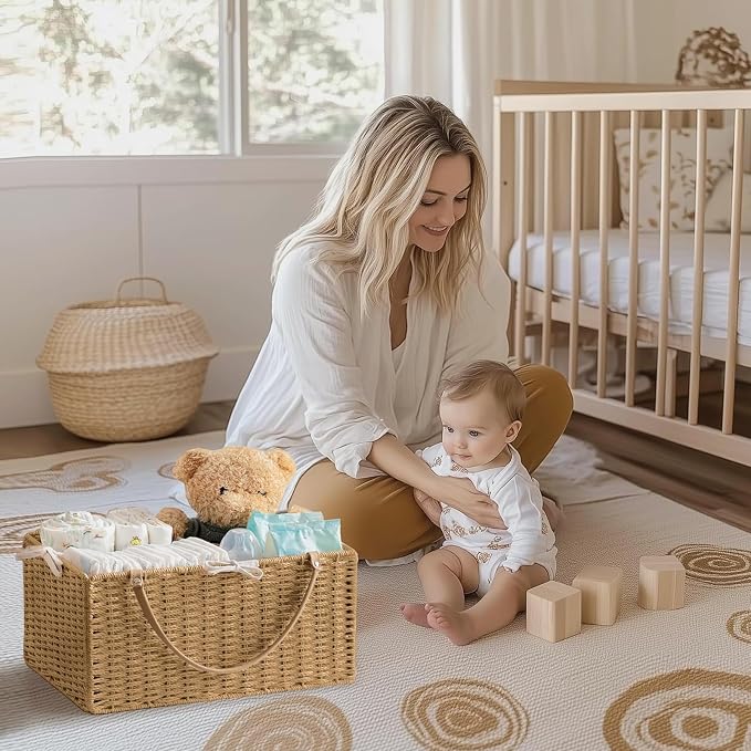 HBlife Large Baby Diaper Caddy Organizer, Paper Rope Storage Baskets Nursery Bin with Removable Divider, Portable Car Organizer for Diapers, Baby Shower Gifts, Newborn Essentials Must Haves