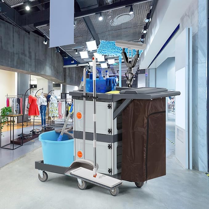 Commercial Janitorial Cleaning Cart 3-Shelf 2-Cabinet Housekeeping Cart with Lockable Wheels Oxford Bag and Cover Heavy Duty for School Hotel Apartment