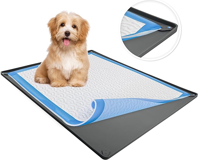 Dog Pee Pad Holder Tray Fits for 24” x 36” Pee Pads - 1 Pack - Grey | Corner Lock Holes, Raised Edges, Non-Spill, Easy to Clean Silicone Dog Potty Tray Holder, For Indoor Floor Protection