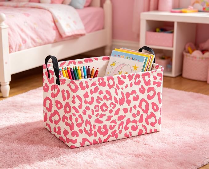 Sanjiaofeng Rectangular Kids Baskets,leopard print basket,Pink Storage Basket with Handles,Waterproof Collapsible Storage Bin for Kids,Kid Room Decor,Books Box,Gift Basket(leopard print)