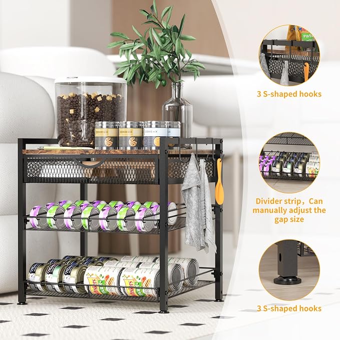 Cat Food Can Organizer, Storing Different Sizes Pet Food Canned Dispenser | 2-Tier Can Storage With Drawers,Automatic Slip Design,Manually Adjust The Gap Size Classify Cat Food Canned The Dispenser
