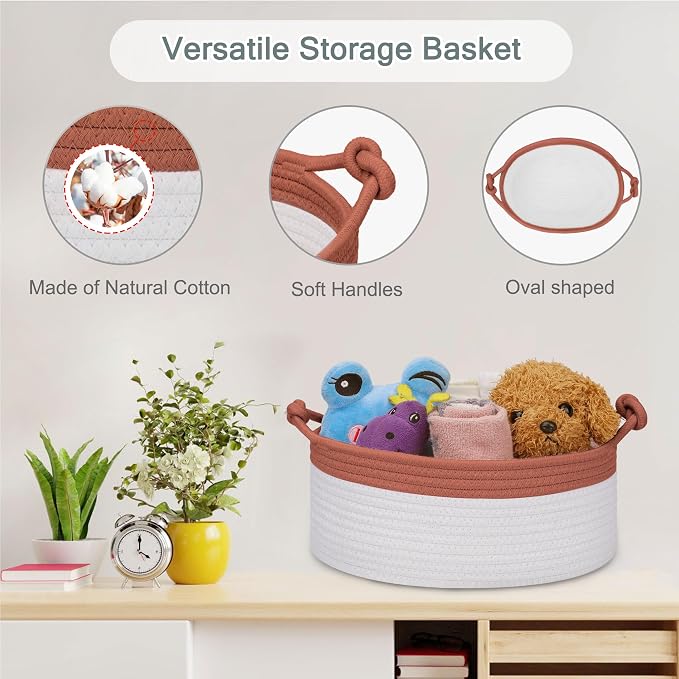COMSE Small Gift Basket Empty with Bag & Ribbons, Autumn Glaze & White | Cotton Rope, 12"x 8"x 5", Pet Toy Storage Organizer, Woven Basket for Birthdays, Baby Showers, Mother’s Day, Valentine’s Day