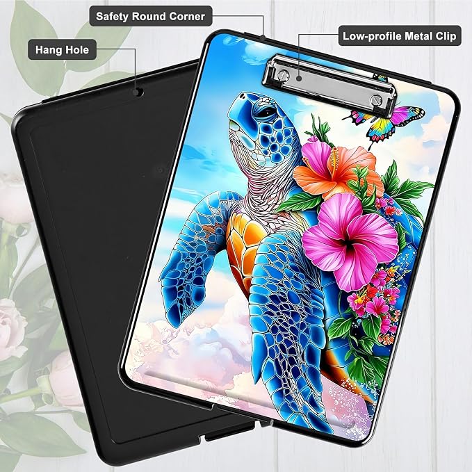 Heavy Duty Storage Clipboard, Slim Nursing Clipboard with Internal Pen Case, Portable File Organizer Case for A4 Letter Size Paper Office Medical Professionals, Turtle Pink Flower