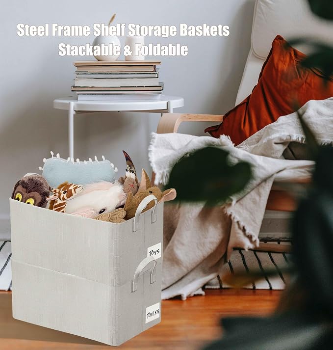 AARAINBOW 4 Pcs Closet Clothes Organizer with Handle, Fabric Storage Box with Steel Frame Stackable Shelf Storage Bins Foldable Fabric Storage Baskets for Organizing Sweater Pants, 23L (B 4 White)
