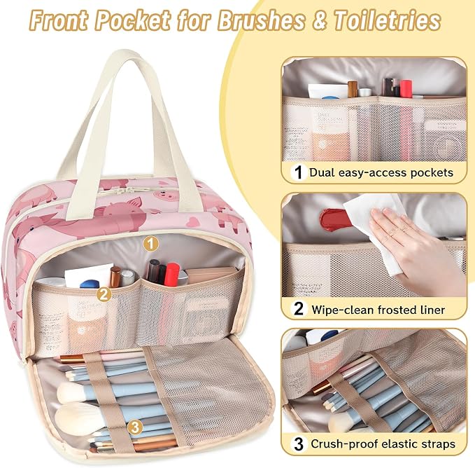 Pig Pinks Travel Toiletry Bag with Handle | Wet & Dry Separation, Full-Size Bottle Friendly, Leak-Proof, Waterproof, Easy to Clean, for Travel, Gym, Home