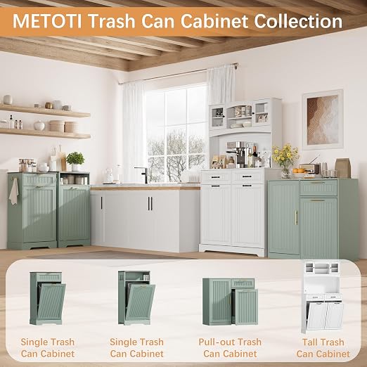2 X 13 Gallons Double Pull Out Trash Can Cabinet with Storage, Green | 54"W Fluted Kitchen Trash Cabinet with Adjustable Shelf & Drawers, Hidden Pet Proof Trash Can Holder for Laundry Living Room