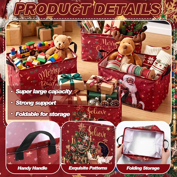 4 Pcs Christmas Storage Basket for Gifts Empty Large Black Santa Storage Bins 15 x 10 x 8 Fabric Laundry Baskets with Handle African American Collapsible Organizer Boxes for Cloth Toys Books